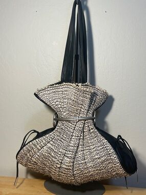 Renato Angi black leather and Woven Straw  Shoulder Bag silver tone hardware